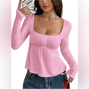 Pink Long Sleeve Henley Babydoll Top